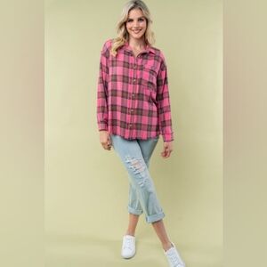 White Birch Pink & Blue Plaid Button Down Flannel Raw Hem Shacket Shirt Boutique